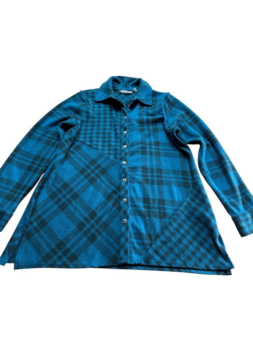 Soft Surroundings Size XS Teal Black Plaid Tunic Shirt Button Front Long Sleeve